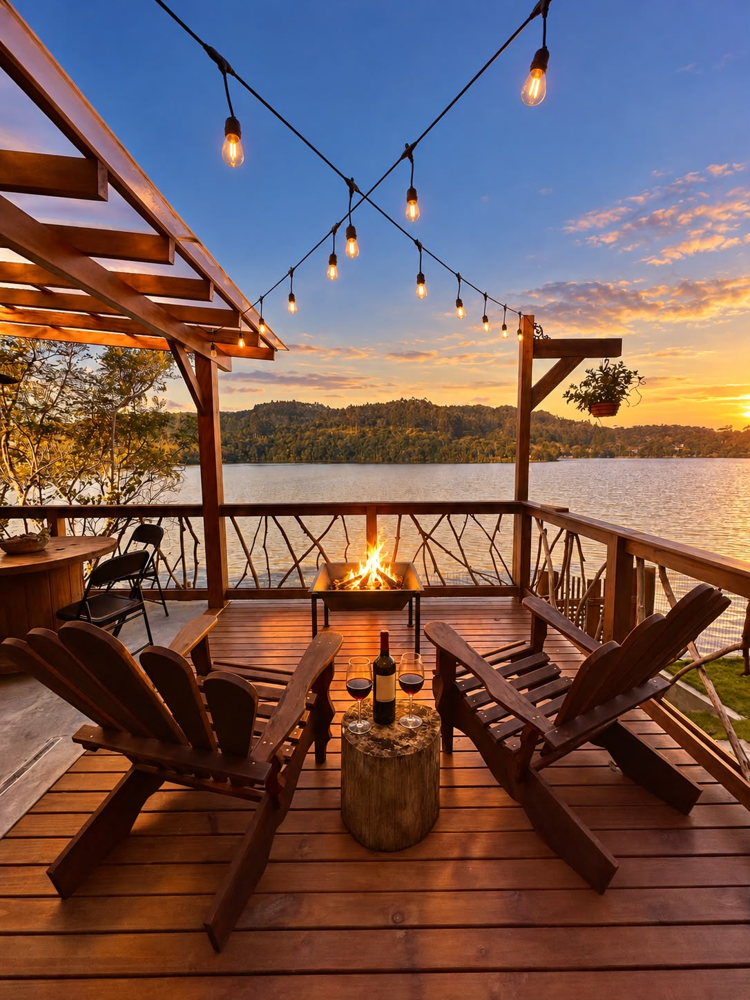Deck com fogueira, poltronas e vinho de frente para o lago