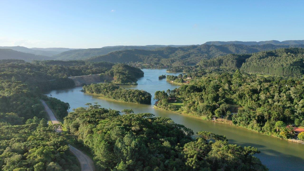 Vista aérea do lago entre a floresta